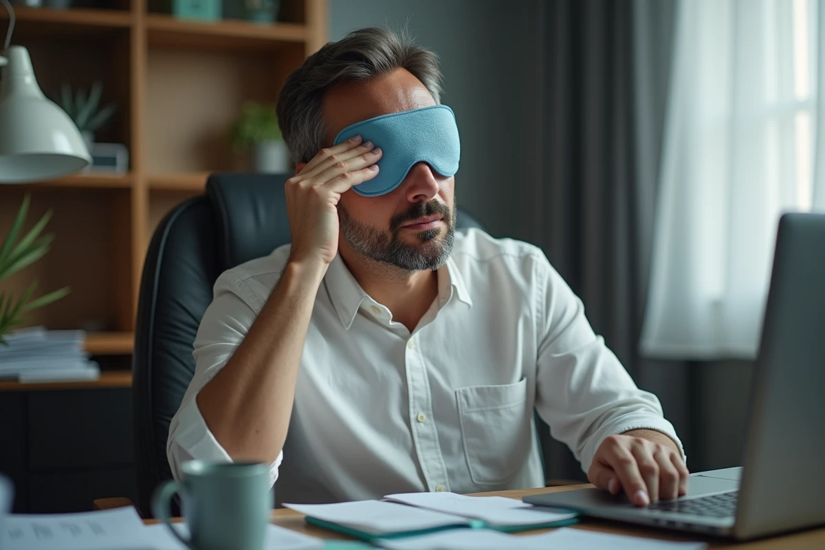 Homme appliquant incorrectement un masque gel anti-migraine sur le front plutôt que sur les yeux dans un bureau encombré à domicile