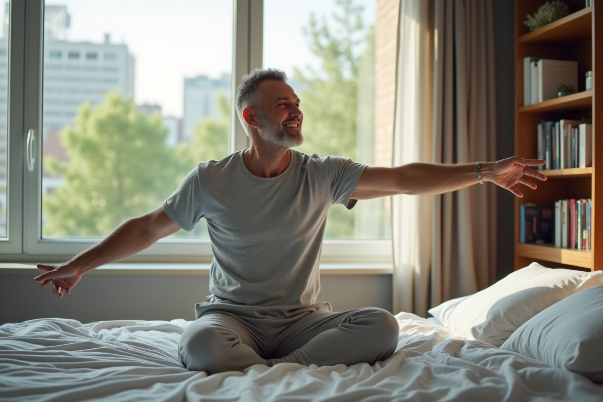 Homme se réveillant dans un lit en ville en matinée ensoleillée