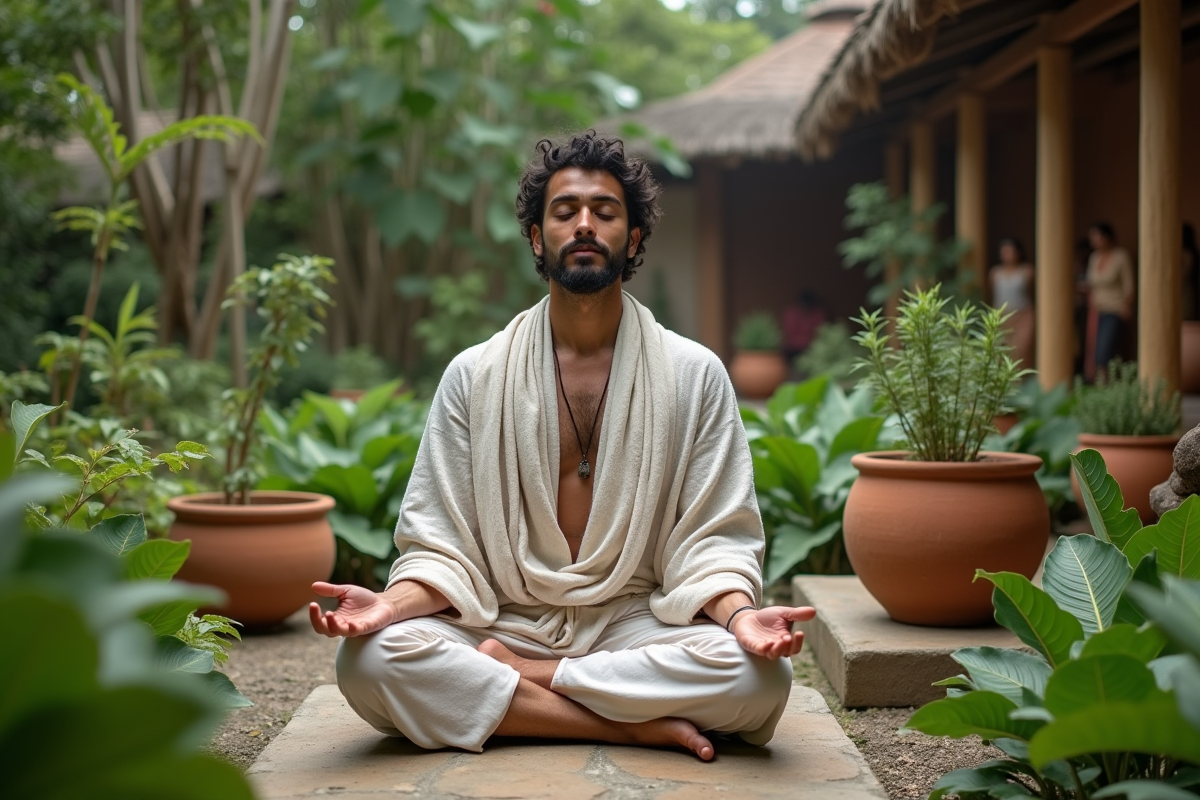 Homme méditant dans un jardin d