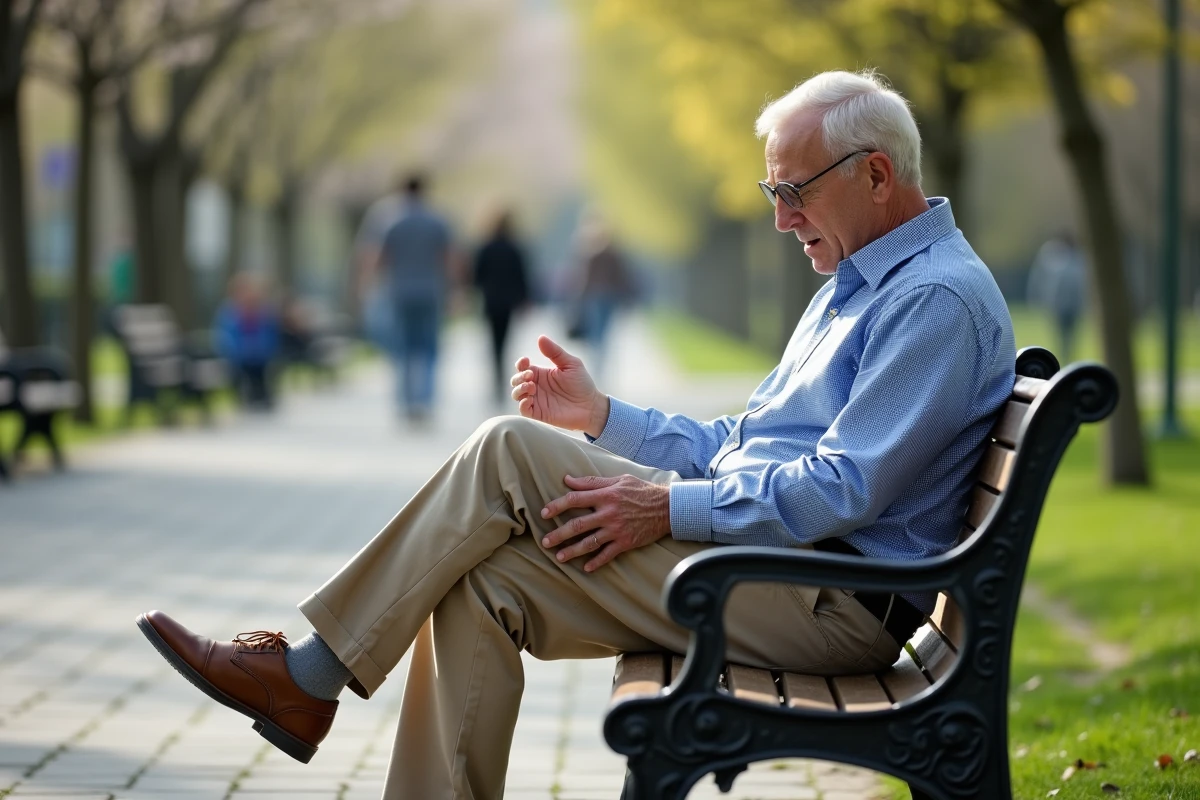 Homme assis sur un banc de parc se massant le pied