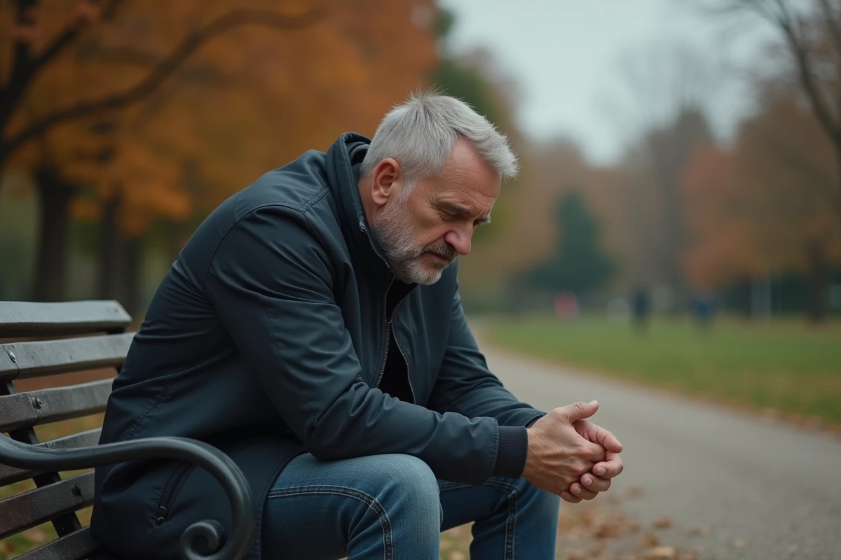 Homme pensif assis seul sur un banc de parc en automne, illustrant le questionnement sur une relation épuisante