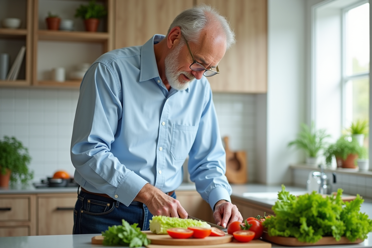 Homme préparant une salade dans une cuisine moderne