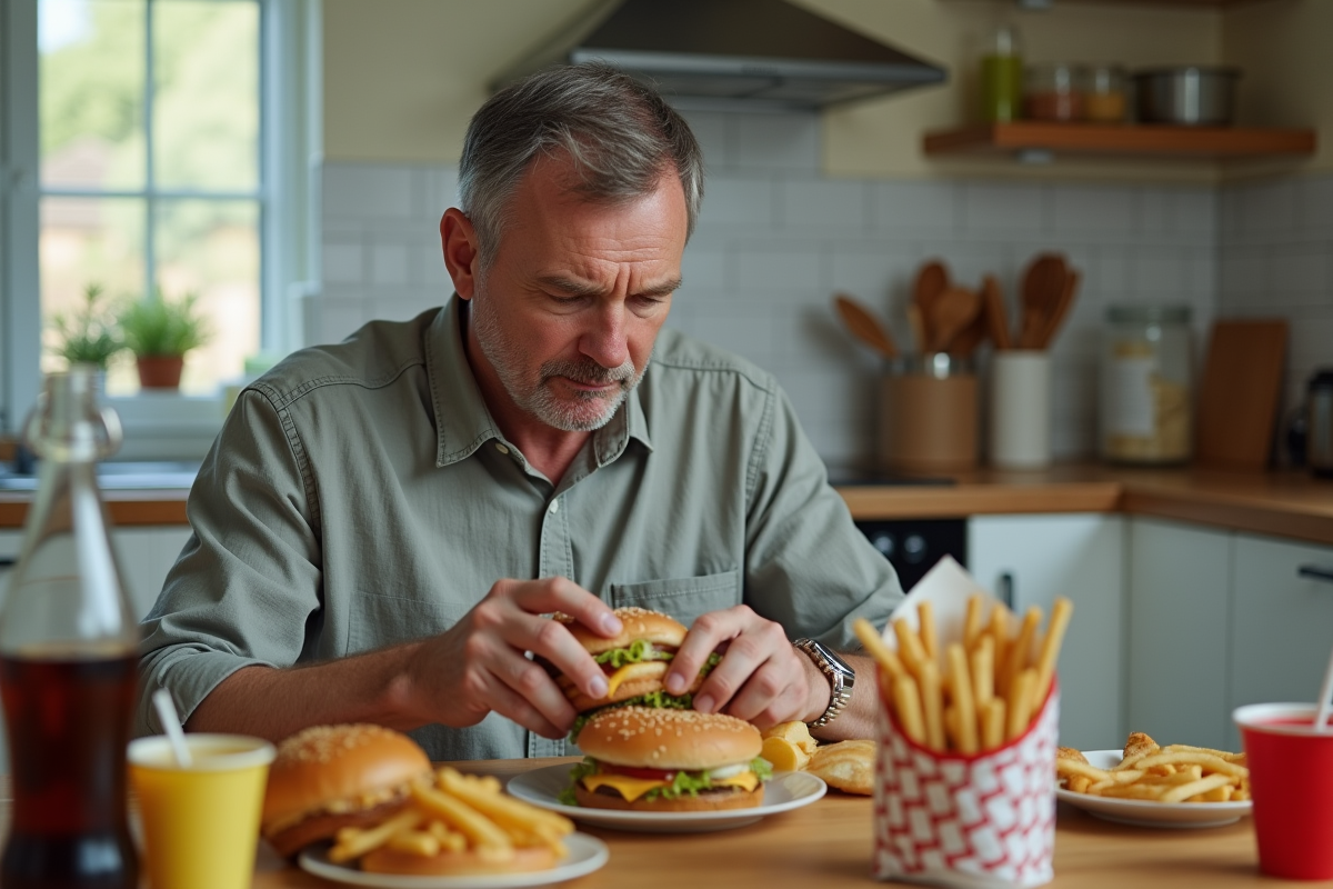Homme d'âge moyen avec repas fastfood dans la cuisine