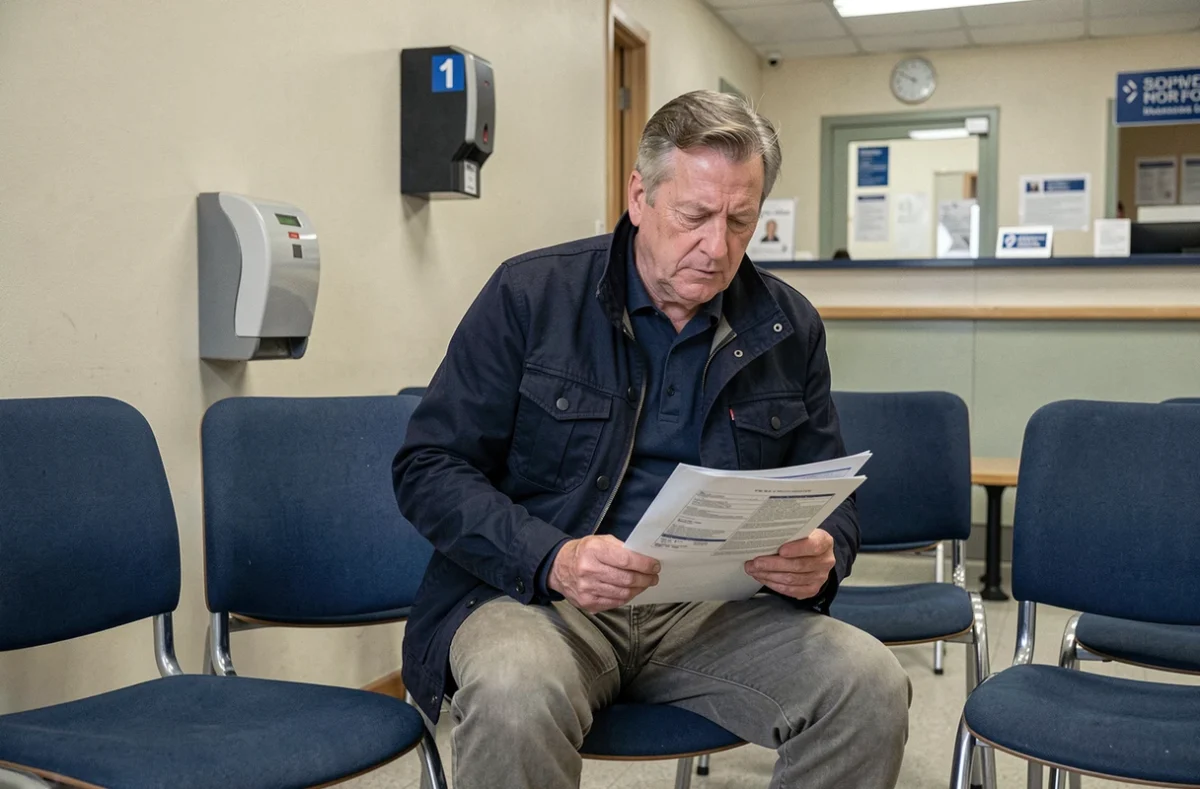 Homme avec dossier médical en salle d'attente d'une administration MDPH pour reconnaissance de discopathie