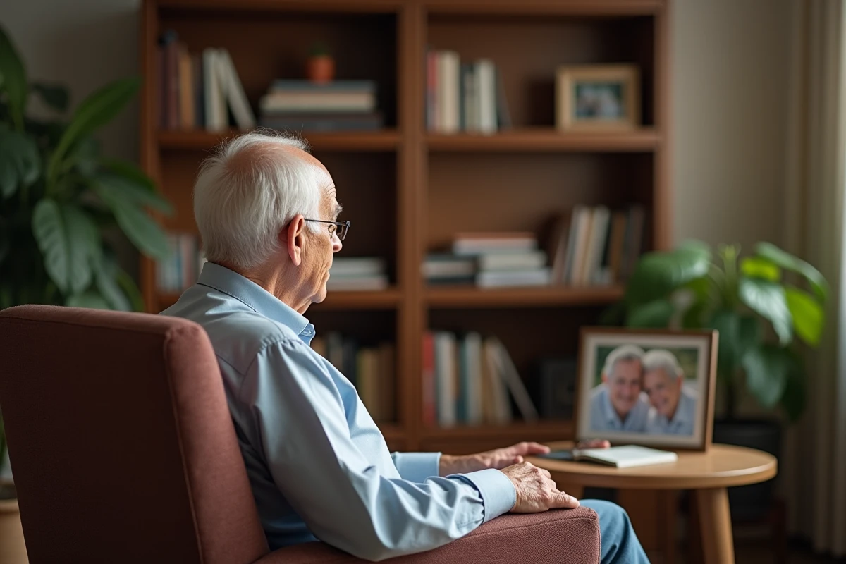 Homme agee regardant une photo de famille dans son salon