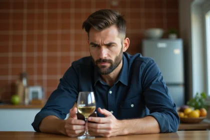 Homme vérifiant un simulateur alcool sur smartphone à côté d'un verre de vin blanc