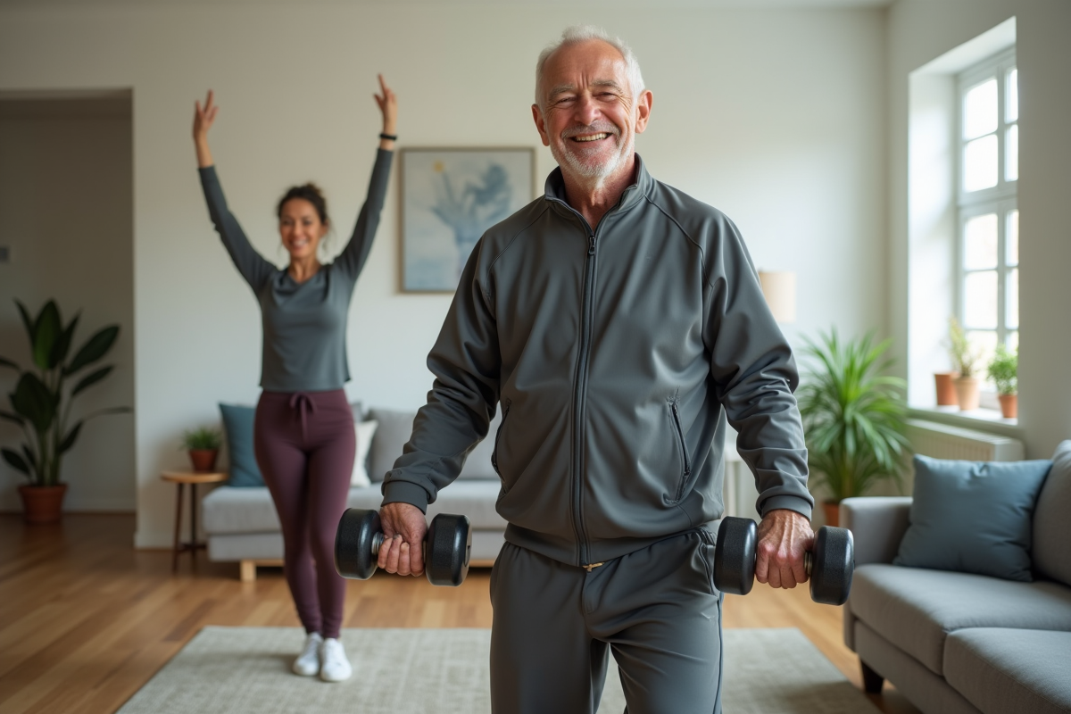 Homme âgé levant des haltères dans un salon moderne