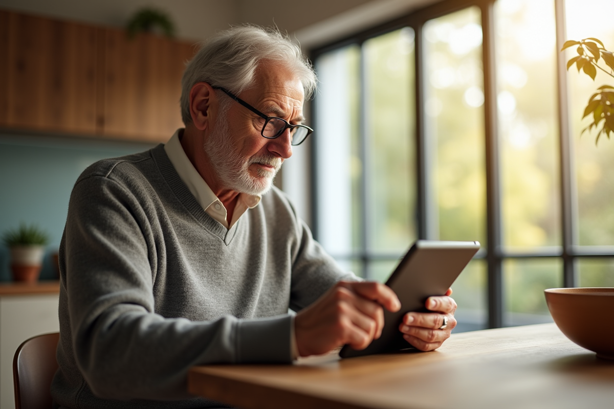 Homme âgé utilisant une tablette dans une cuisine lumineuse