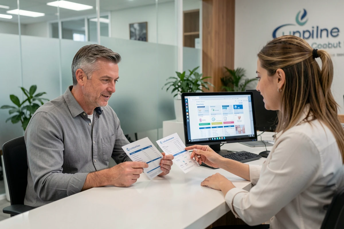 Homme discutant des promotions et tarifs dentaires avec une réceptionniste dans une clinique The Smilist