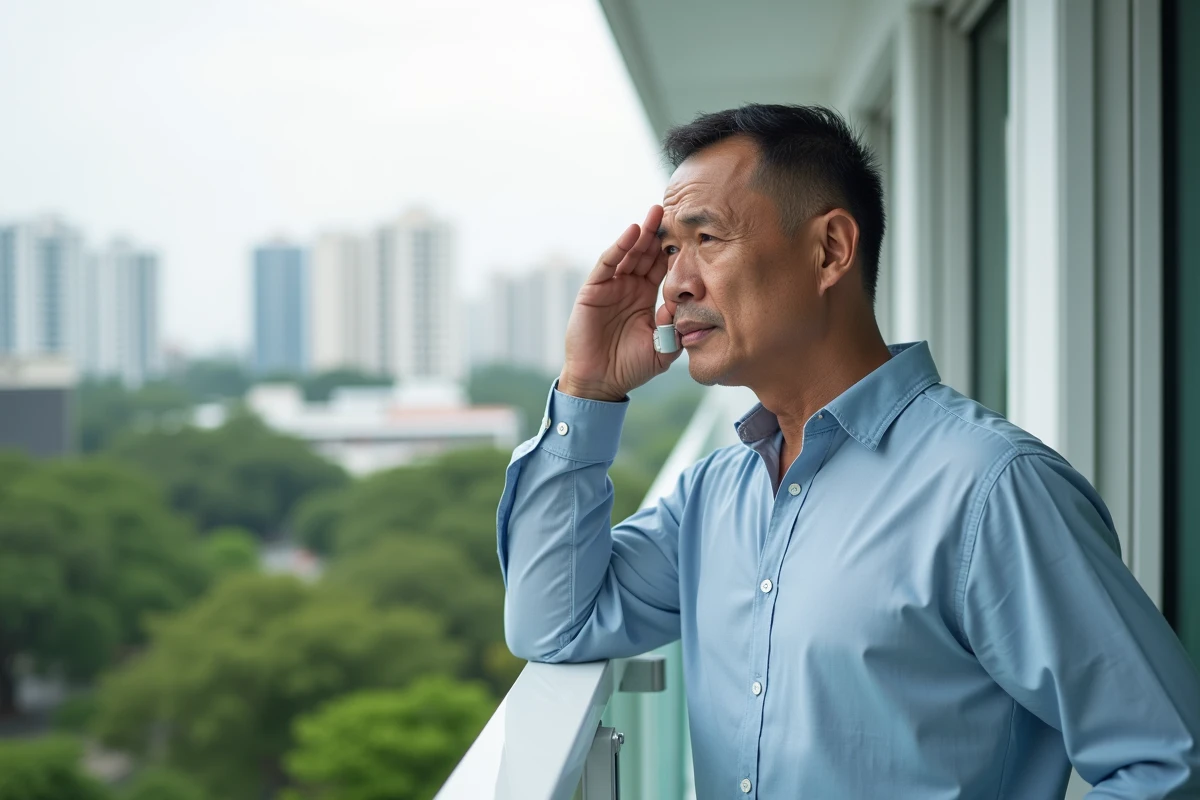 Homme tha&iuml;landais sur un balcon avec inhalateur regardant la ville
