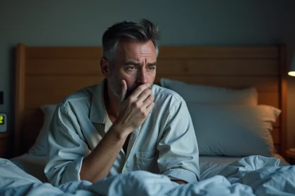 Homme d'&acirc;ge moyen en pyjama se tenant sur le lit en toussant