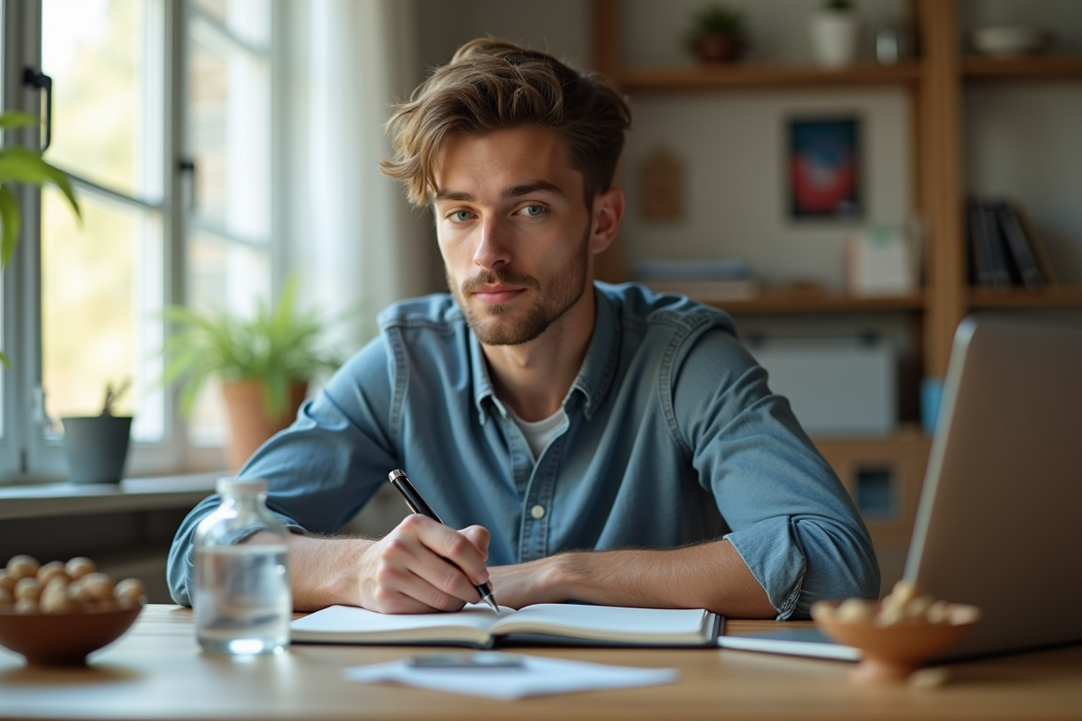 Jeune homme réfléchissant en écrivant ses objectifs au bureau