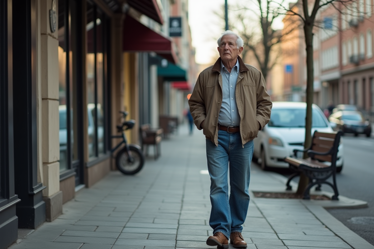 Homme âgé regardant anxieusement en haut dans la rue urbaine