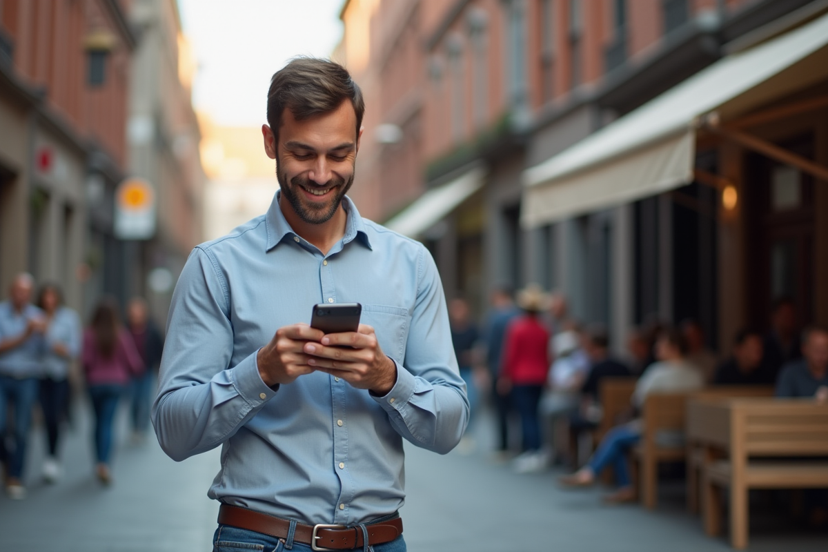 Homme d age moyen dans la rue consulte son mobile