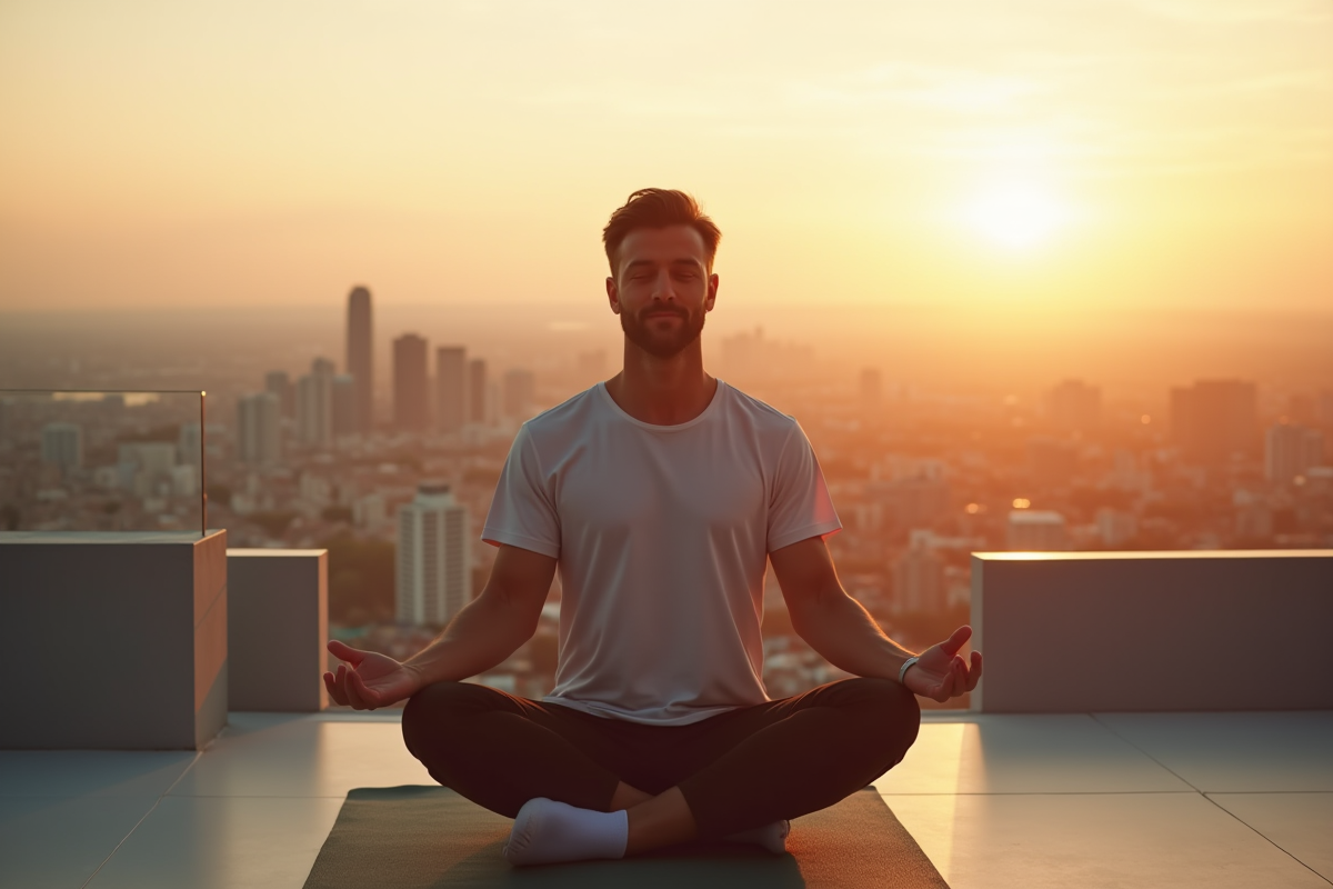 Homme pratiquant le yoga sur une terrasse au lever du jour