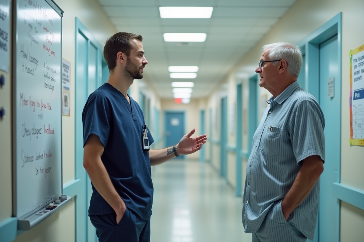 Infirmier en scrubs discutant avec un patient dans un couloir