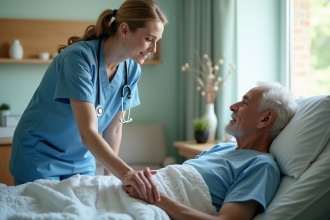 Infirmière aidant un patient âgé dans une chambre de hospice