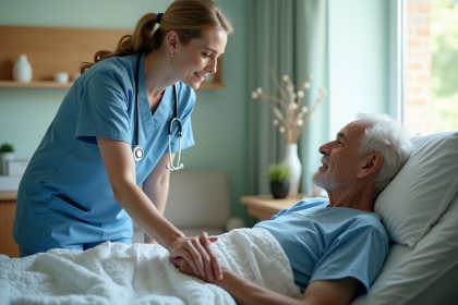 Infirmi&egrave;re aidant un patient &acirc;g&eacute; dans une chambre de hospice