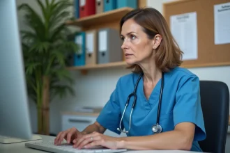 Infirmière en blouse bleue travaillant sur ordinateur en maison de retraite