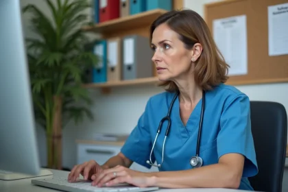 Infirmi&egrave;re en blouse bleue travaillant sur ordinateur en maison de retraite