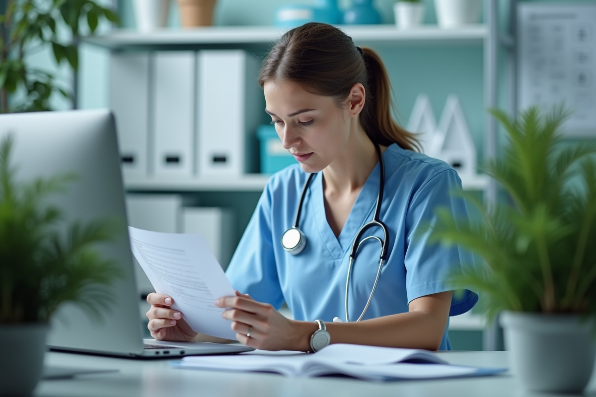 Infirmière examinant des documents à la station médicale