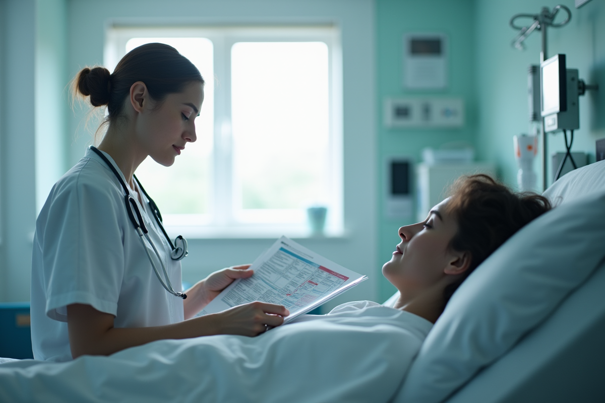 Infirmière vérifiant le dossier de médication au lit d'hôpital
