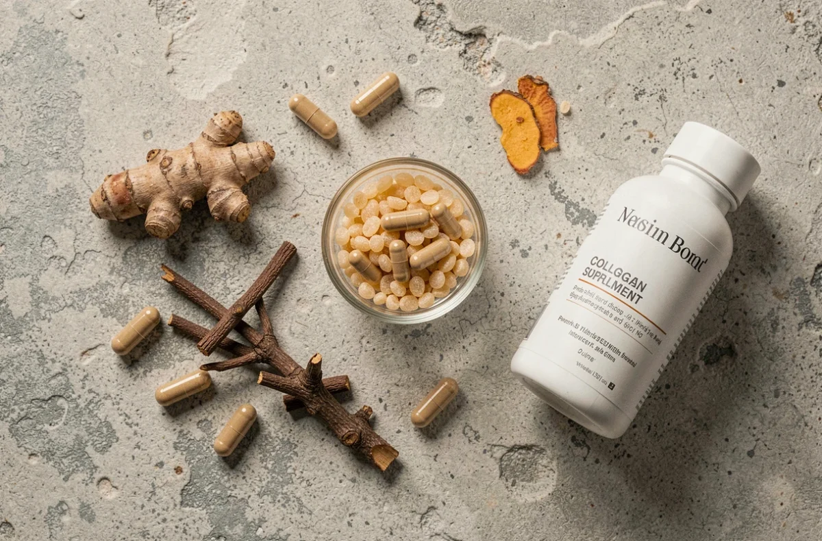 Mise en scène de capsules de complément alimentaire avec des ingrédients naturels comme le collagène et le curcuma, évoquant la composition du Collanol