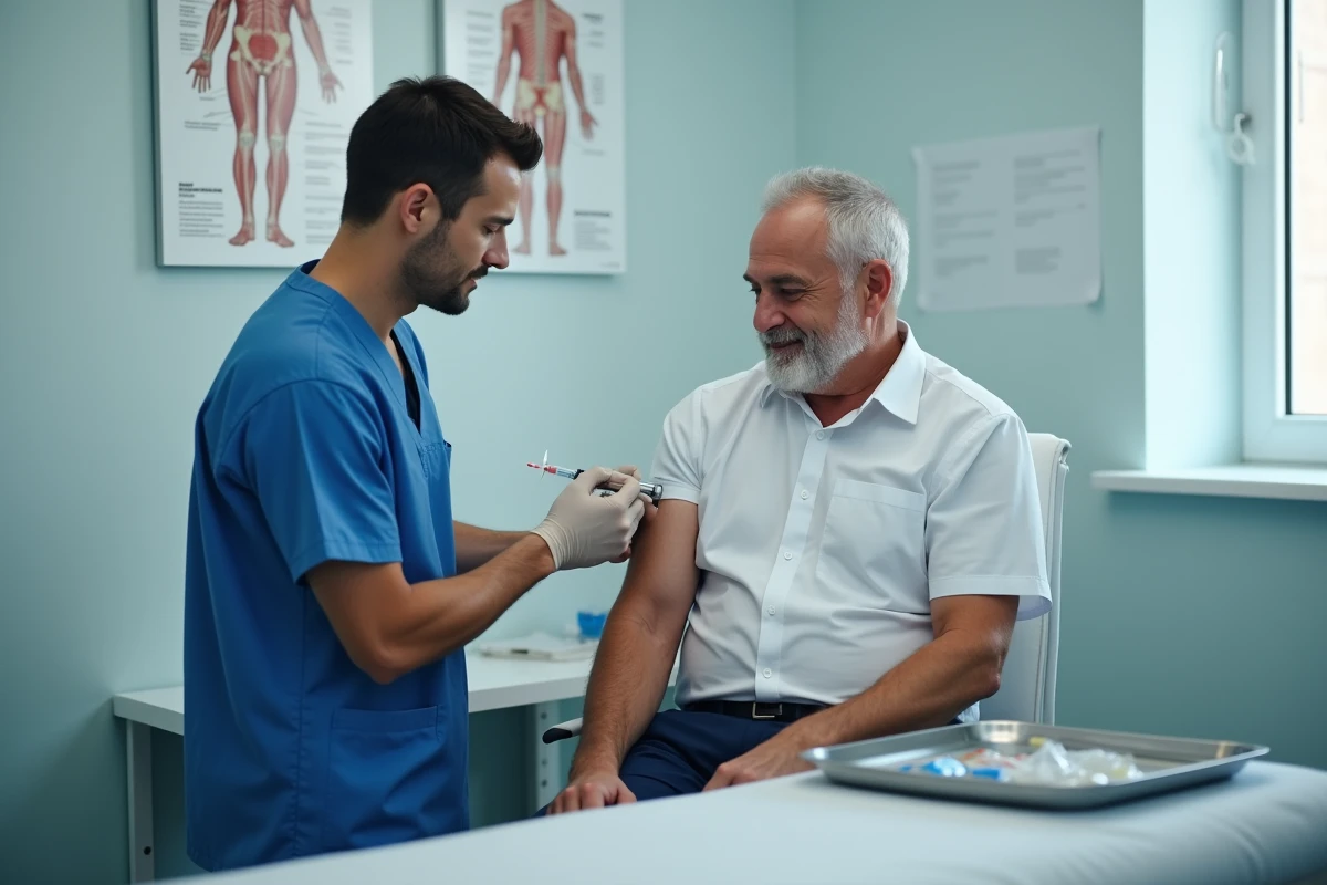 Infirmier administrant un vaccin dans le bras gauche d'un patient adulte dans un cabinet médical