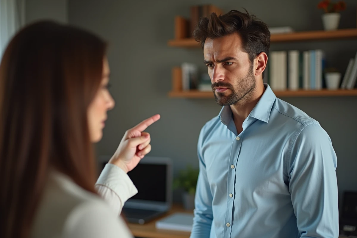 Une femme pointant le doigt vers un homme tendu dans un bureau, illustrant les injonctions 'tu dois, il faut que tu...' imposées à une personne bipolaire