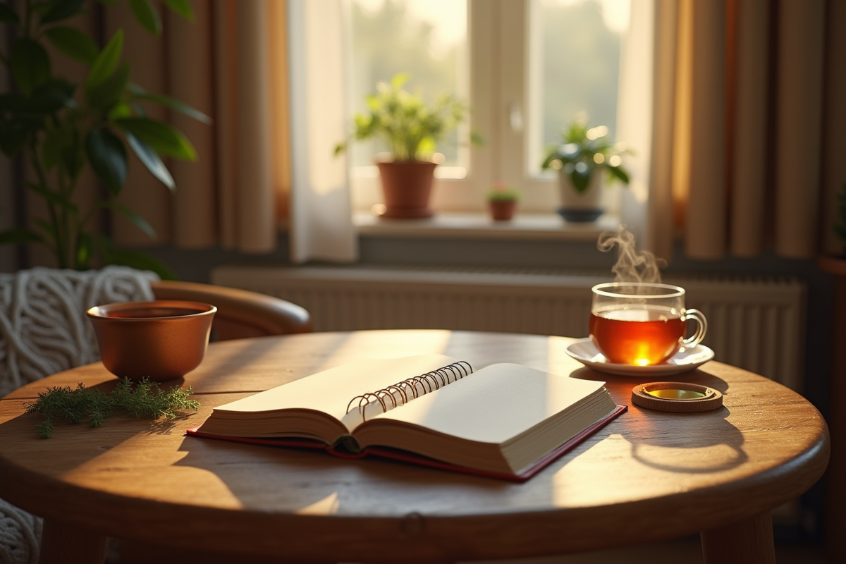 Intérieur chaleureux avec journal et tasse de thé