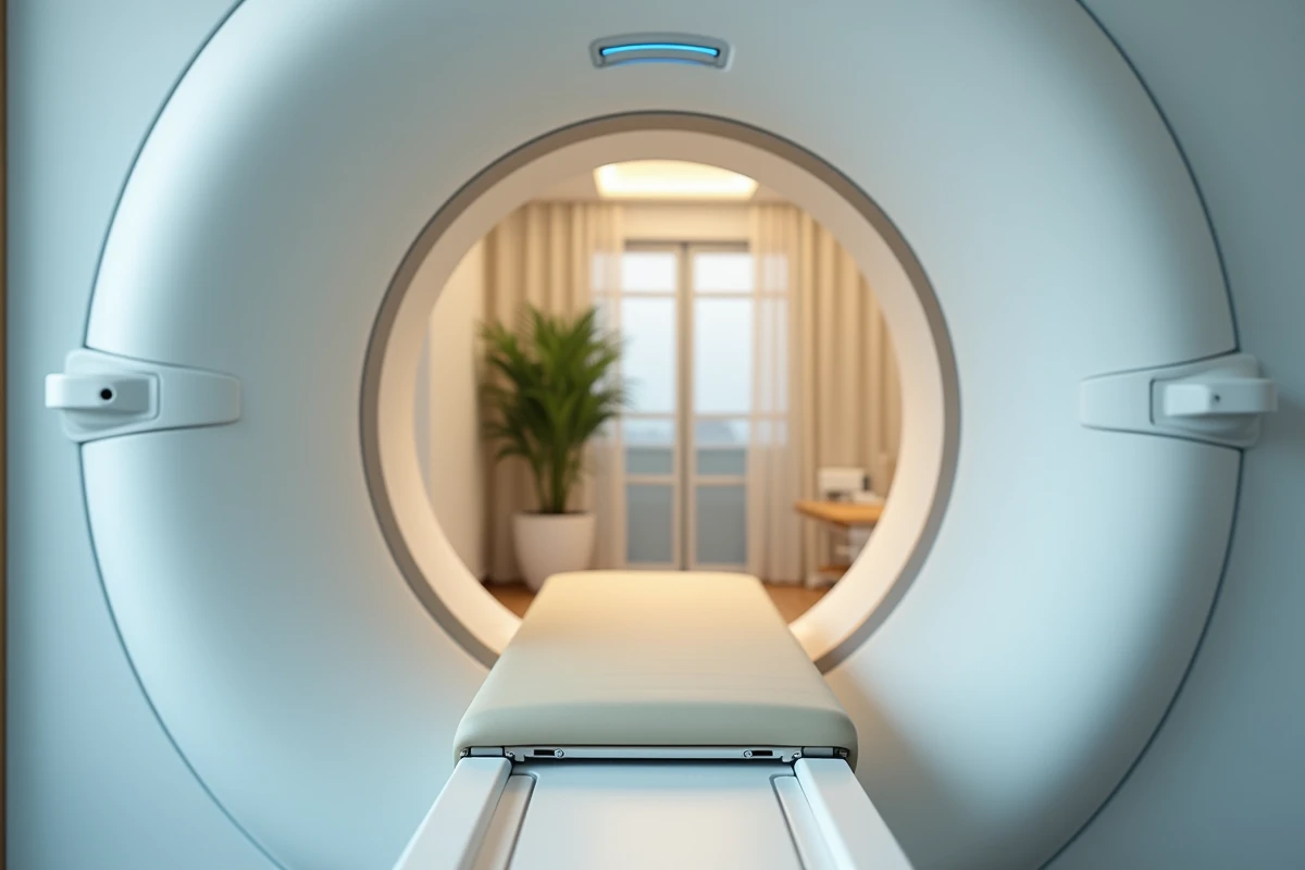 Vue intérieure d'un appareil TEP-scan en clinique privée avec design moderne et accueil soigné