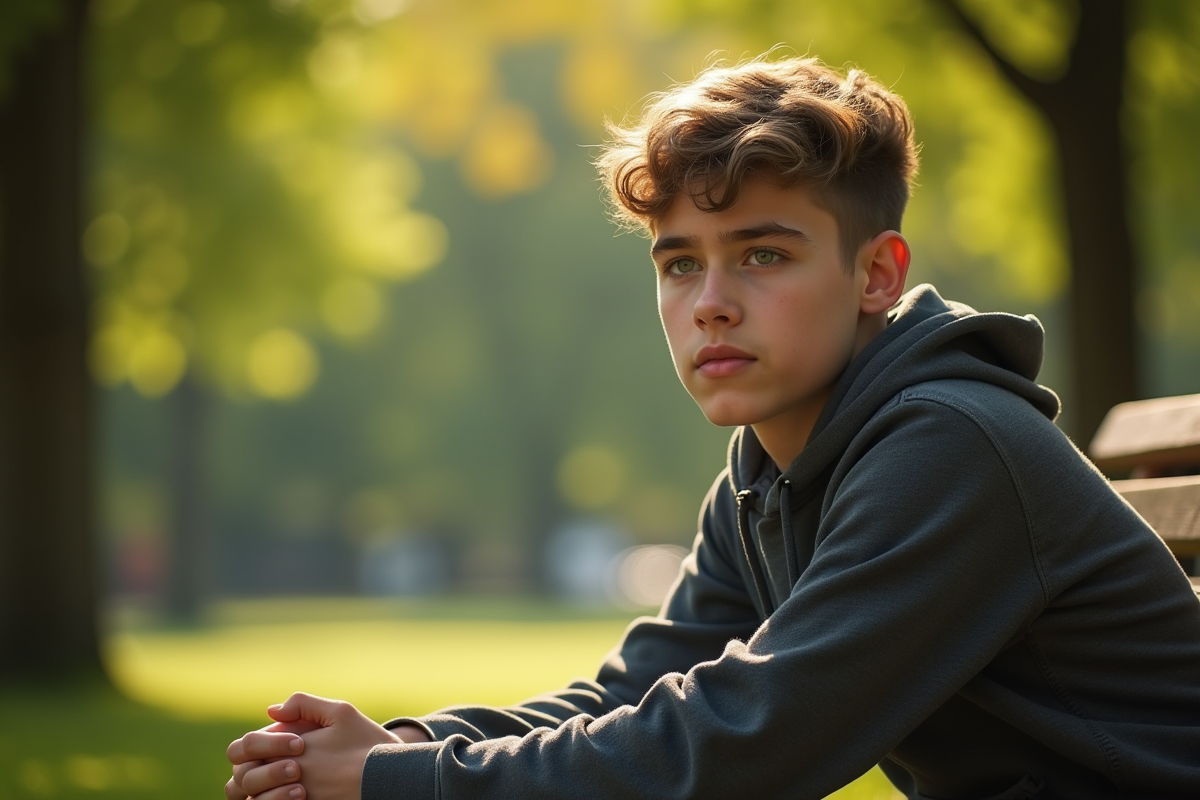 Jeune adulte seul sur un banc dans un parc en journée