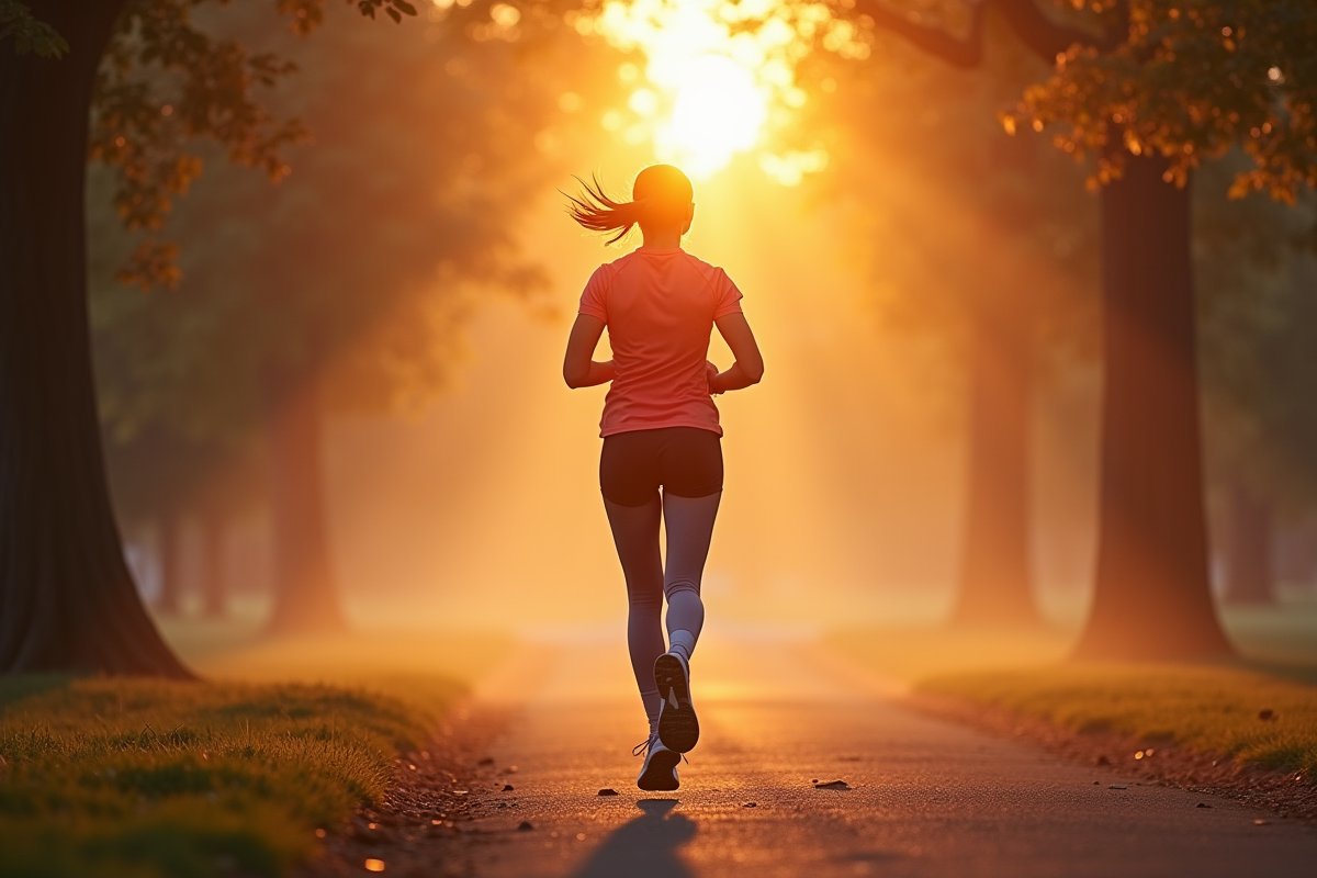 Jeune femme courant dans un parc au lever du soleil