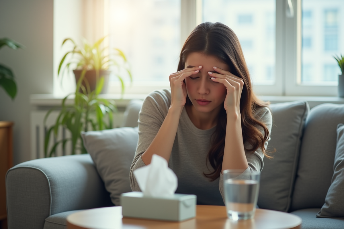 Jeune femme assise sur un canapé semblant malade avec mouchoirs et verre d'eau