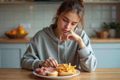 Jeune femme en cuisine avec aliments transformes