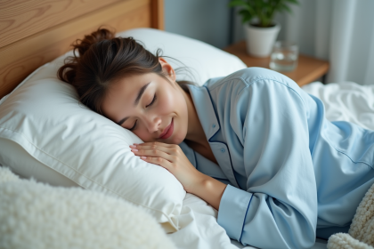 Jeune femme dormant paisiblement dans sa chambre moderne