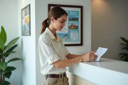 Jeune femme v&eacute;rifiant sa carte de vaccination voyage &agrave; la clinique