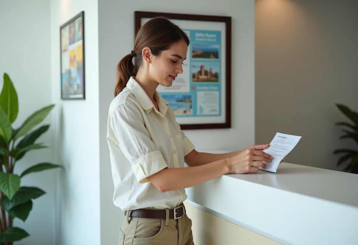 Jeune femme vérifiant sa carte de vaccination voyage à la clinique
