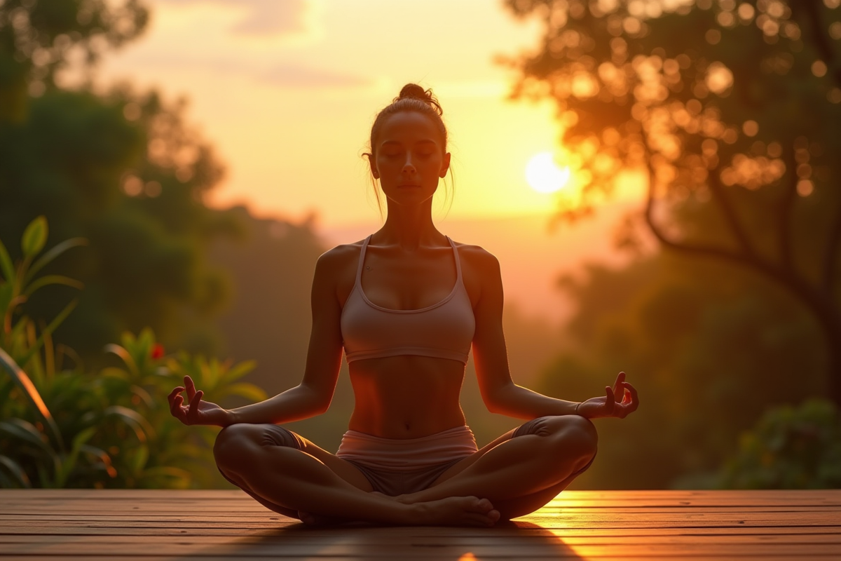 Jeune femme pratiquant yoga au lever du soleil dans la nature