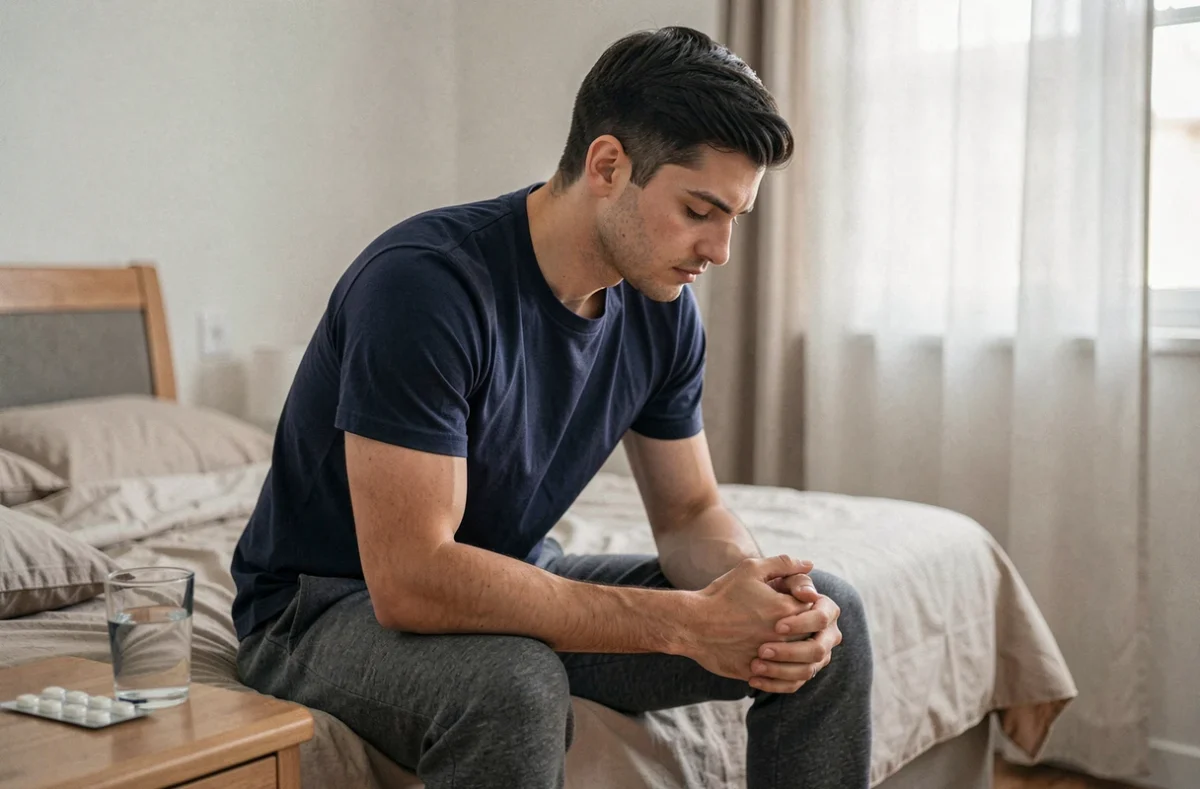 Jeune homme pensif assis sur son lit avec des médicaments antidépresseurs sur la table de chevet, illustrant la surveillance des symptômes