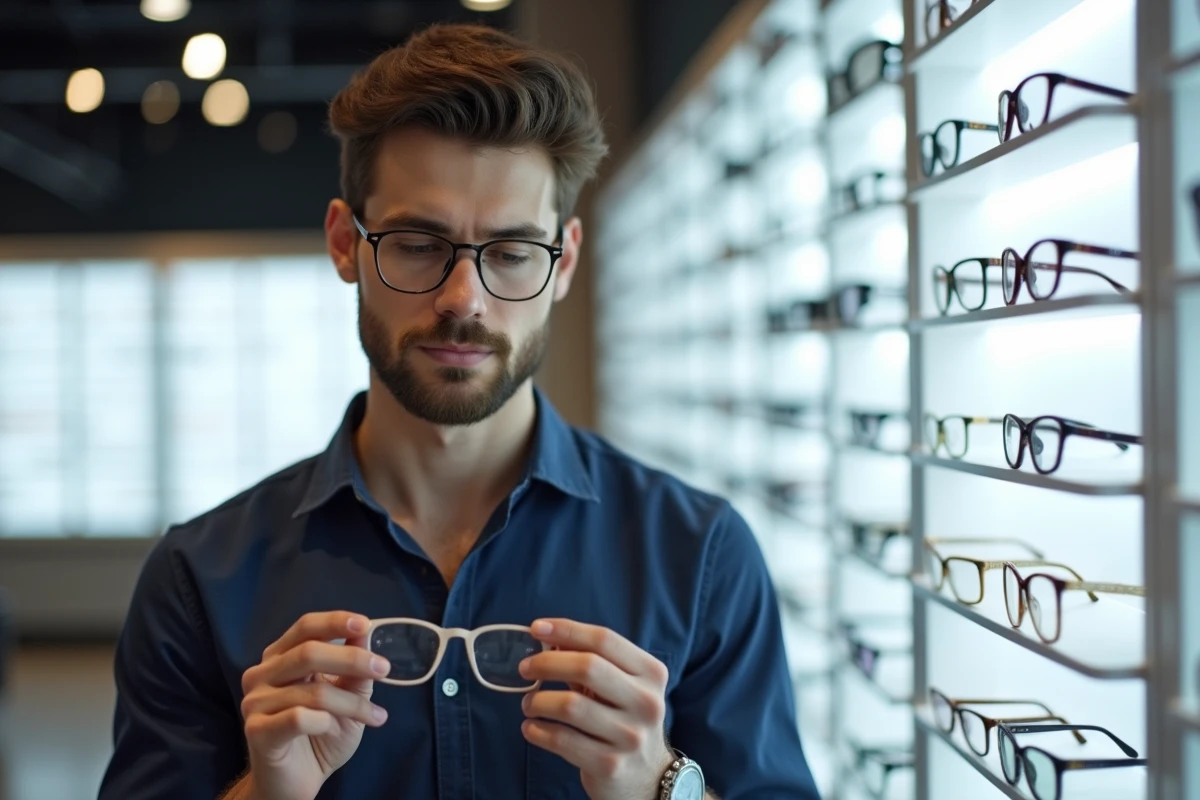 Jeune homme comparant différentes montures de lunettes dans une boutique d'optique pour choisir selon l'épaisseur des verres