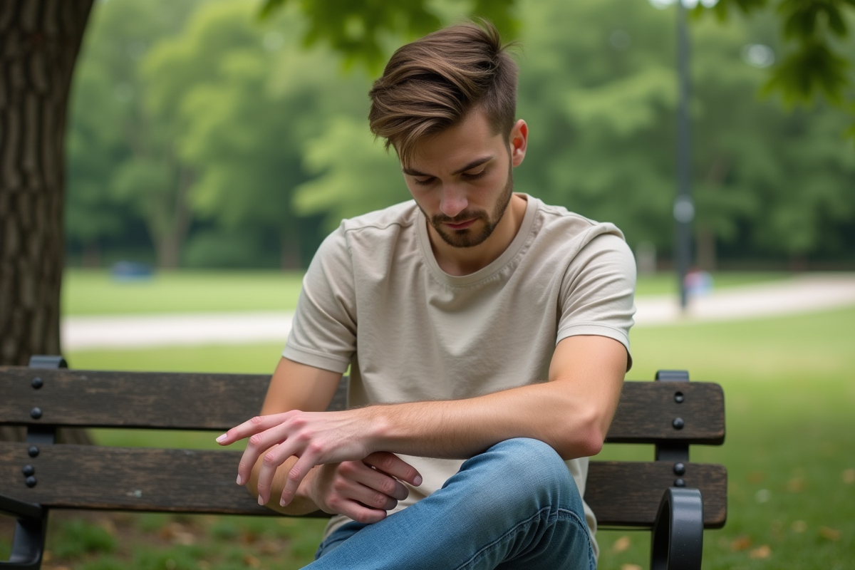 Jeune homme regardant un eczema sur son poignet dans un parc