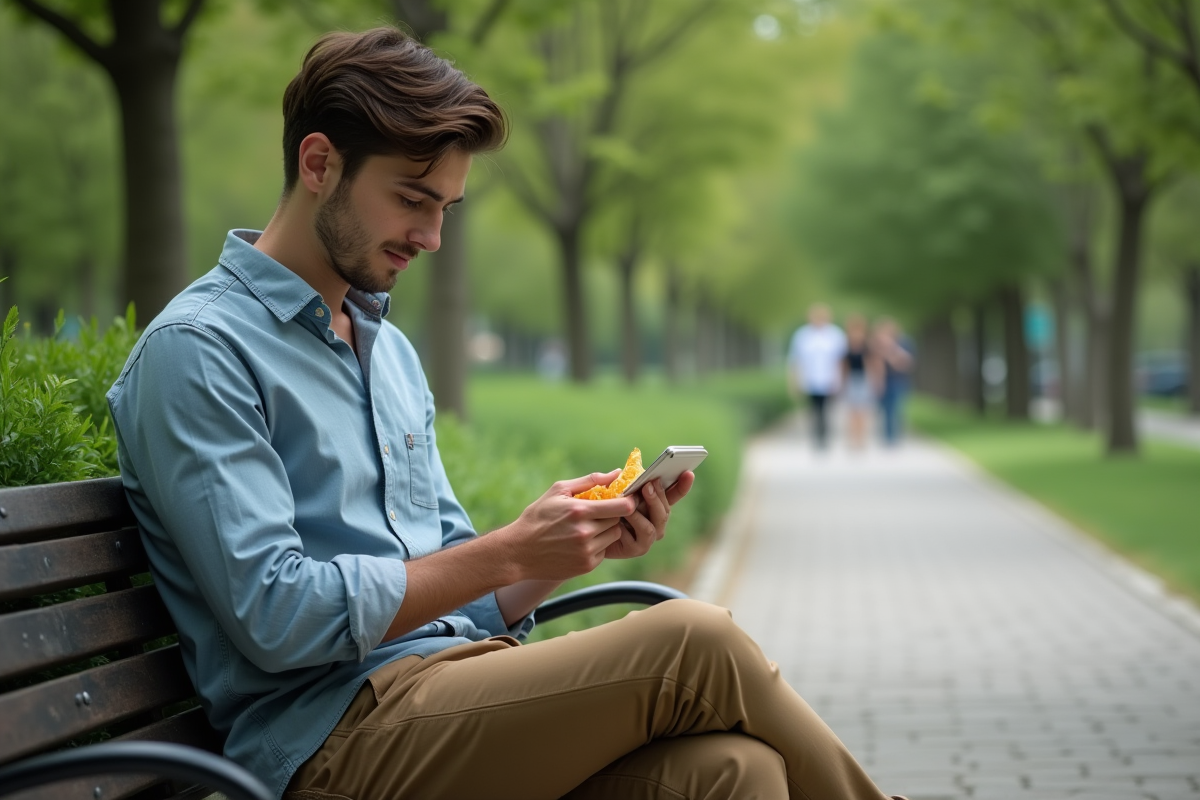 Jeune homme dans un parc examine une étiquette