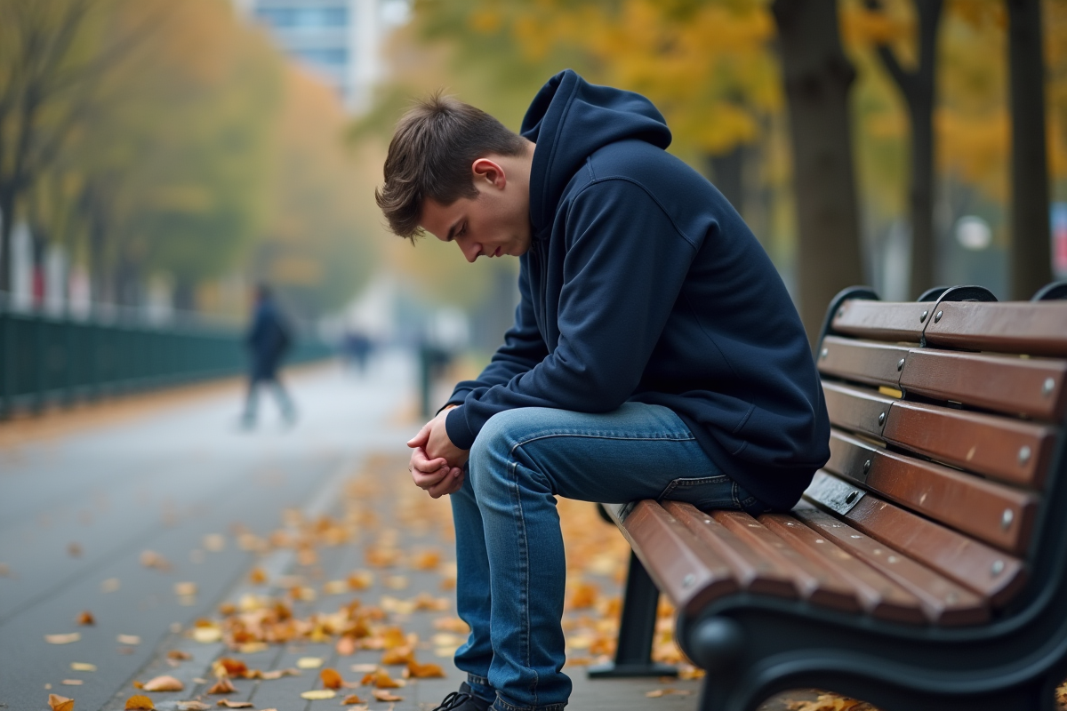 Jeune homme seul sur un banc dans un parc