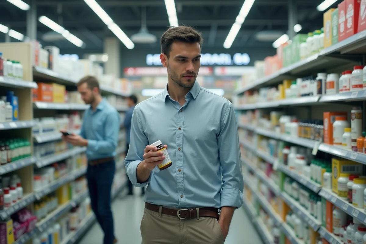 Jeune homme choisissant des compléments dans une pharmacie