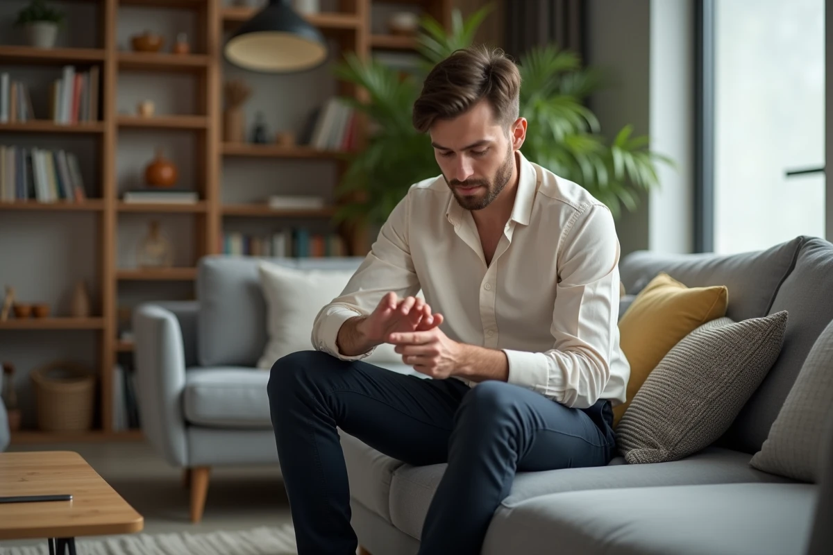Jeune homme examine sa main dans un salon moderne