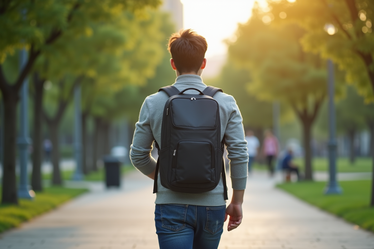 Jeune professionnel marchant avec un sac ergonomique en parc urbain