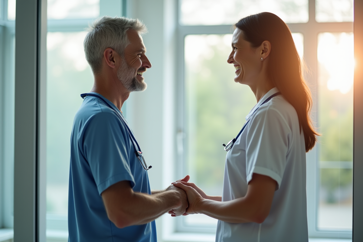 Kinésithérapeute accueillant un patient dans une clinique lumineuse