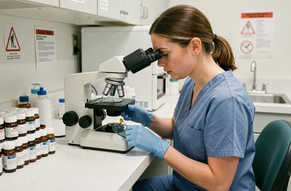 Technicienne de laboratoire analysant un prélèvement d'ongle pour diagnostiquer une atteinte matricielle