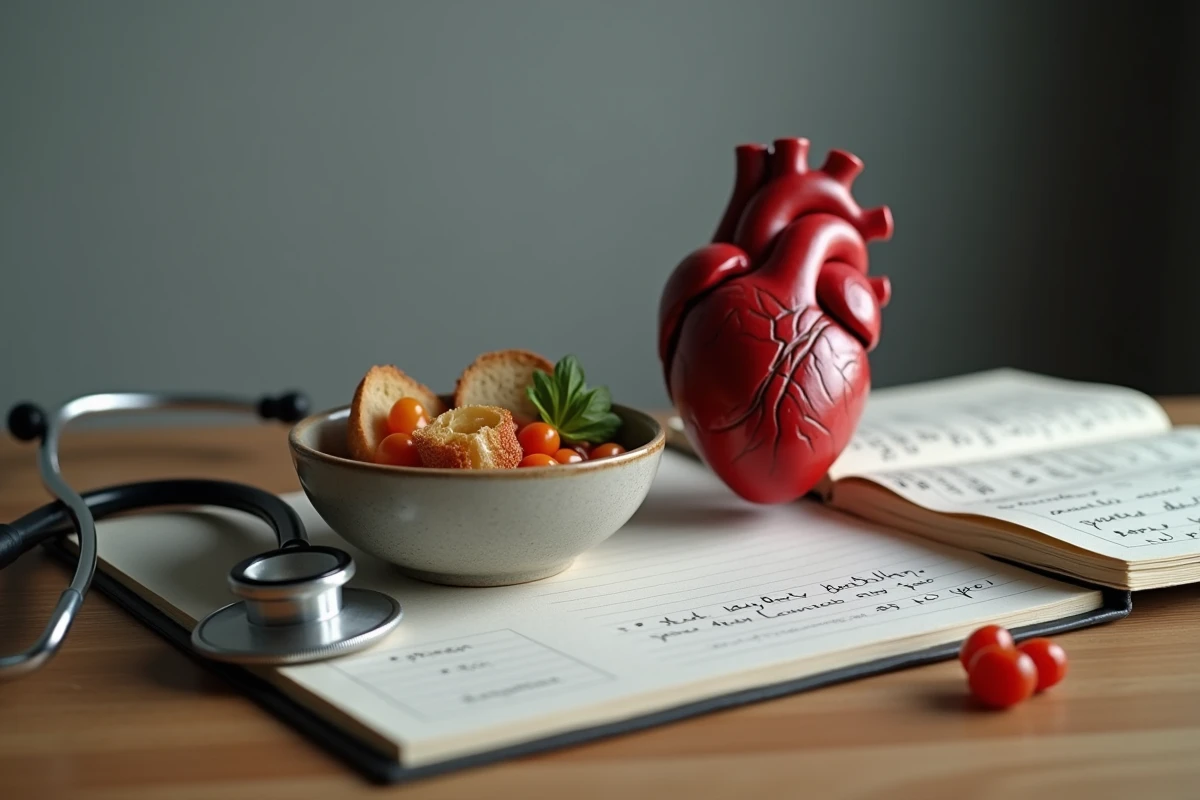 Illustration symbolique du lien entre troubles digestifs et extrasystoles cardiaques avec modèle anatomique et stéthoscope